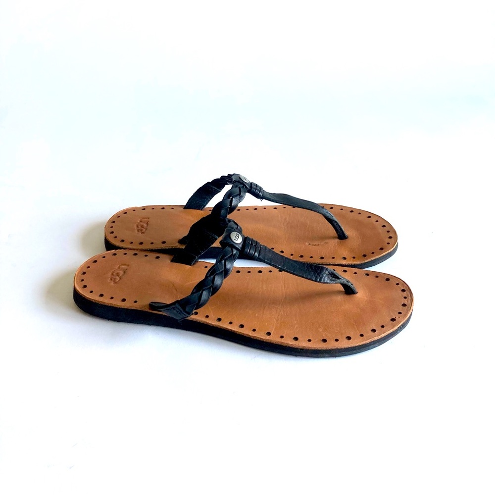 UGG Black Genuine Leather Tan Genuine Leather Sole Rubber Outsole Sandals size 9